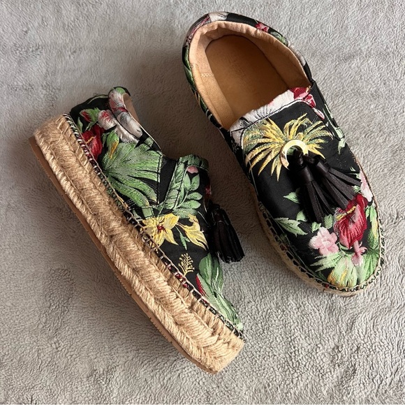 Anthropologie J/Slides Rosa Embroidered Tassel Platform Espadrille Flats Black - Picture 1 of 14